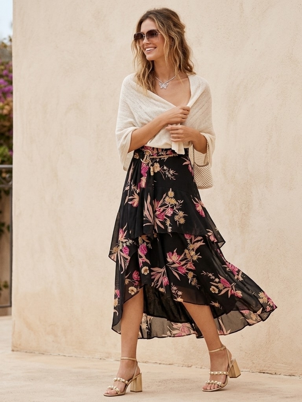 Le Chateau Floral Maxi Skirt Black Pink Tiered High Low Ruffle Size 00 Vintage